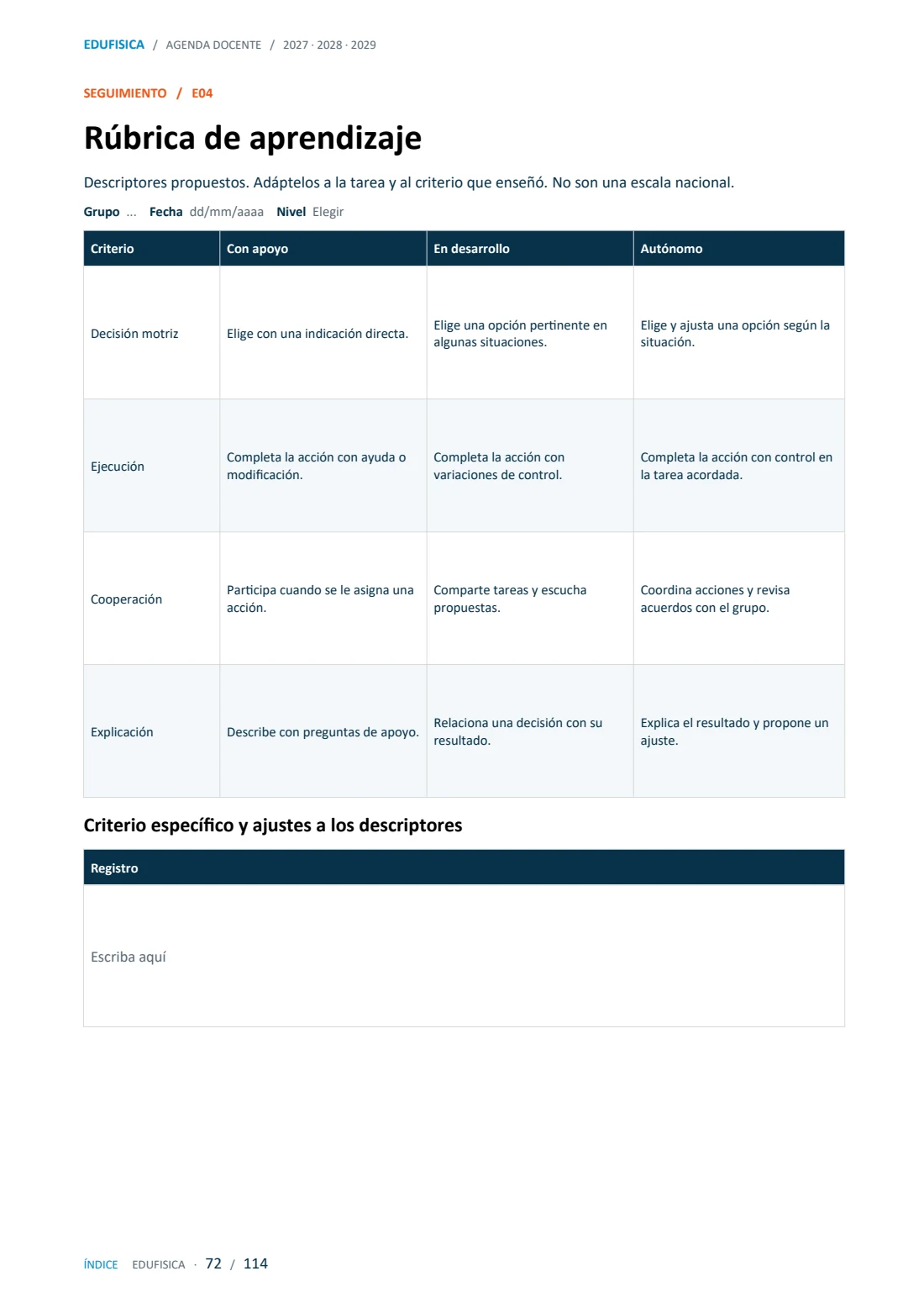Vista 8 de Agenda de Educación Física 2027–2029