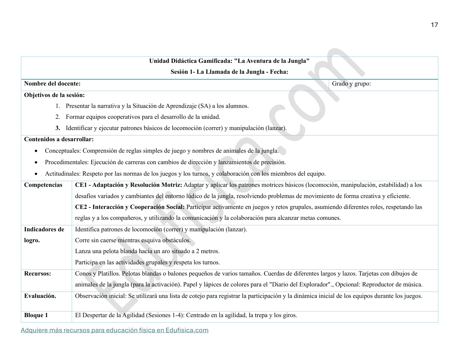 Página real de una sesión de Educación Física gamificada de primaria