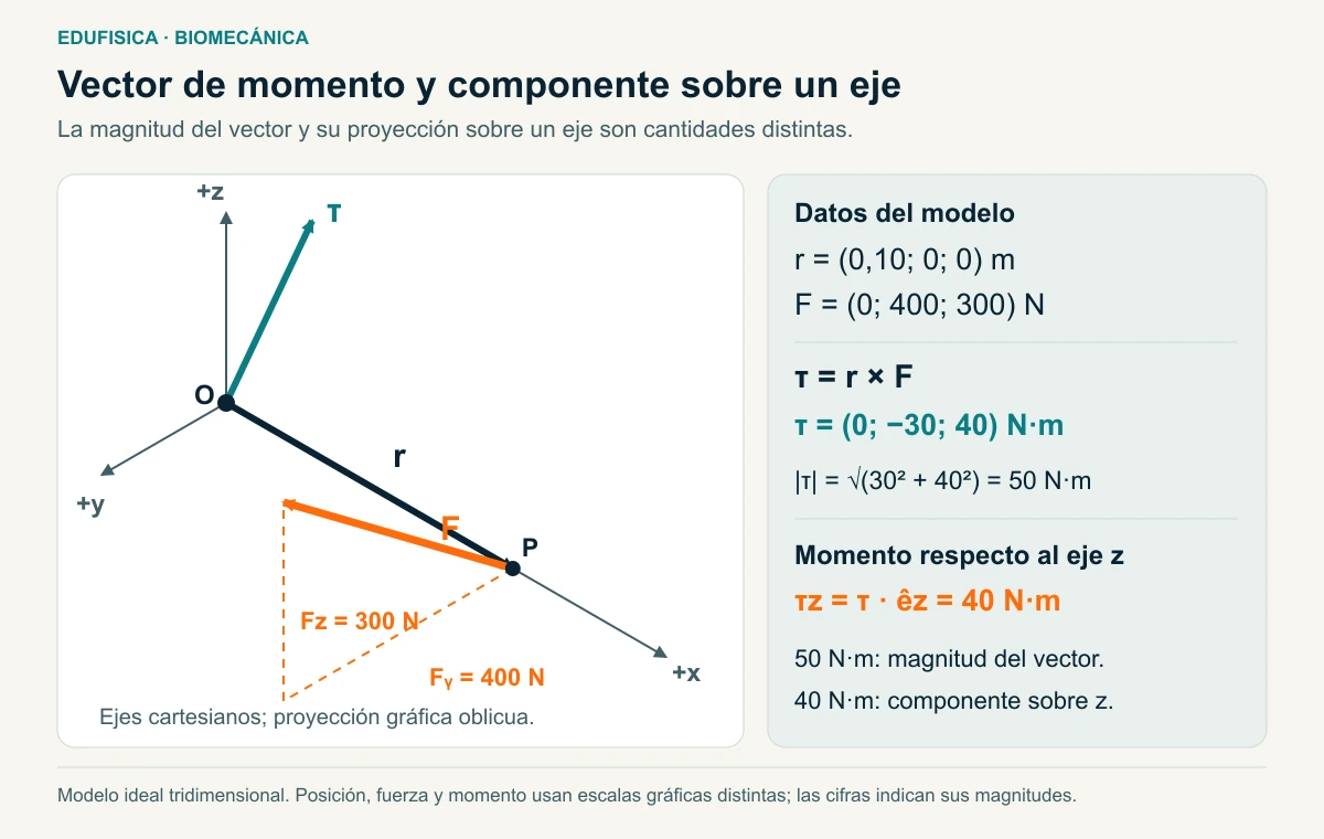 Producto vectorial de r = (0,10; 0; 0) m y F = (0; 400; 300) N: τ = (0; −30; 40) N·m, norma de 50 N·m y componente z de 40 N·m.