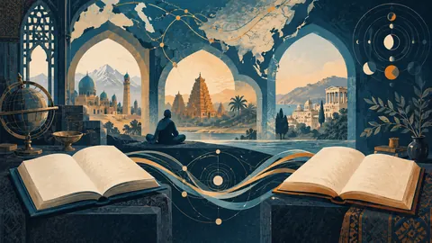 Ilustración conceptual de dos libros conectados, una figura en reflexión y arquitecturas simbólicas para representar la circulación del conocimiento.