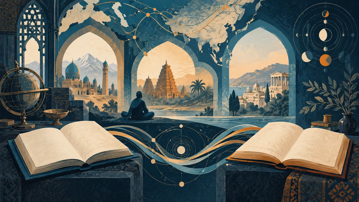 Ilustración conceptual de dos libros conectados, una figura en reflexión y arquitecturas simbólicas para representar la circulación del conocimiento.