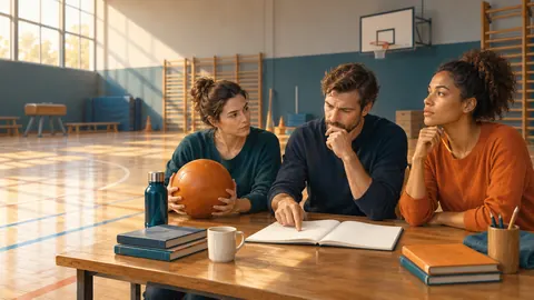 Tres docentes adultos consideran un cuaderno en blanco junto a un balón, dentro de un gimnasio imaginado.