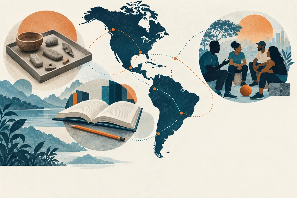Silueta de América conectada mediante rutas de lectura con un libro, objetos genéricos y un grupo contemporáneo conversando.
