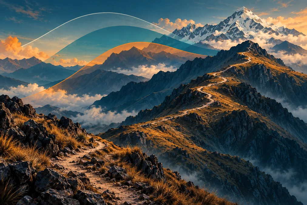 Cordilleras y sendero de montaña unidos mediante curvas conceptuales.