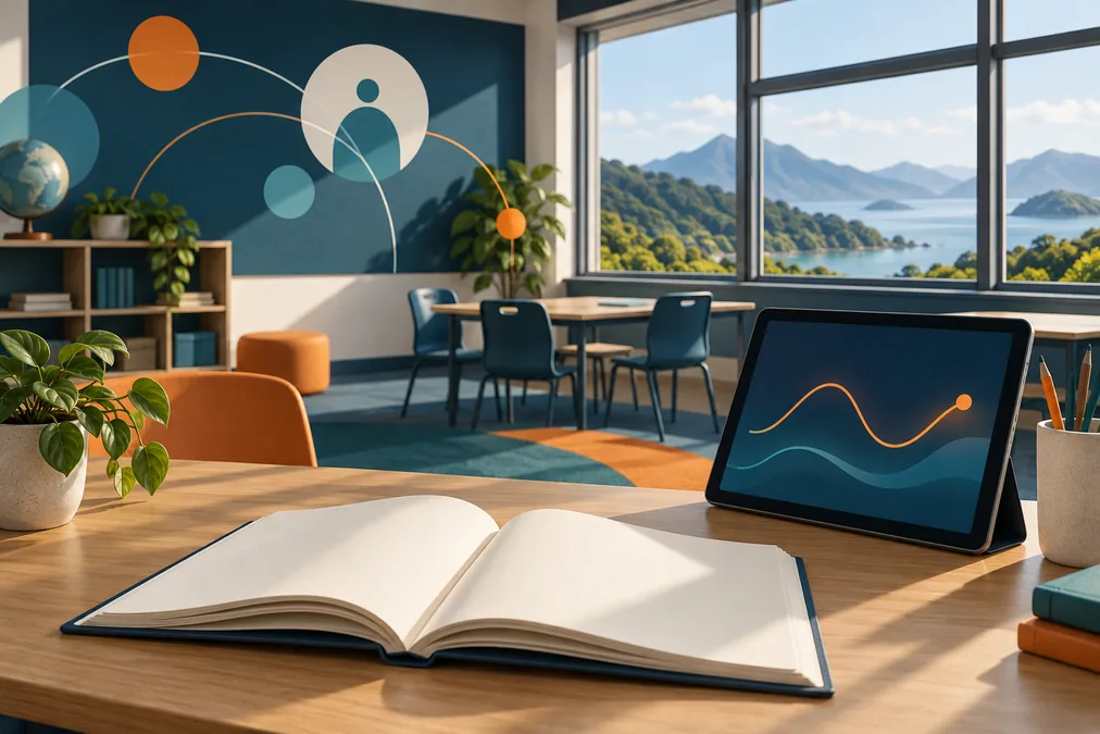 Libro abierto y tableta con una curva abstracta en un aula, como ilustración de relaciones entre conocimiento, herramientas y enseñanza.