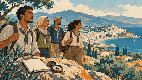 Ilustración conceptual de cuatro adultos observando un paisaje mediterráneo, con un cuaderno y una brújula.