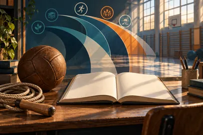 Balón, cuerda y libro de páginas vacías ante un gimnasio abstracto.