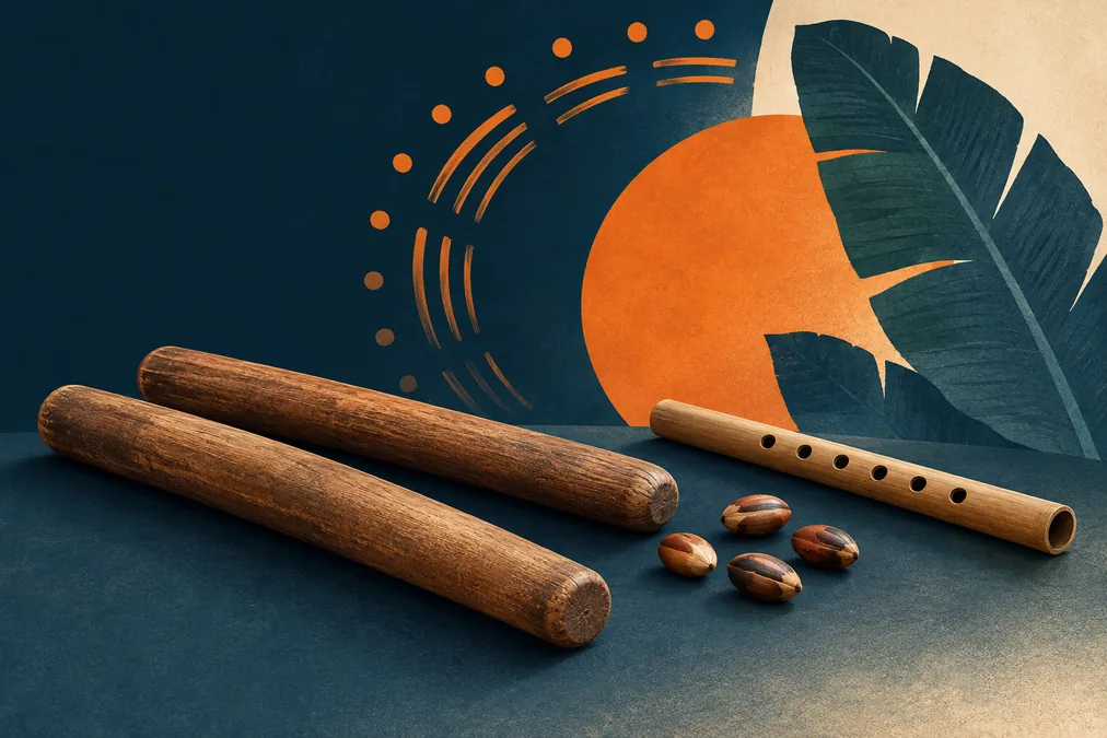 Ilustración conceptual de dos varillas de madera, semillas y una flauta junto a marcas de ritmo y una hoja de plátano.