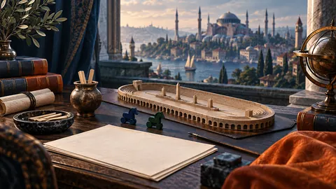 Ilustración conceptual de una mesa de estudio con un modelo de hipódromo y carros azules y verdes.