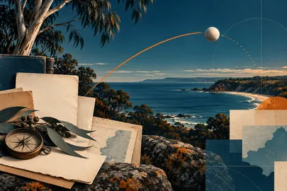 Paisaje costero imaginado con eucaliptos, una trayectoria de pelota y papeles de archivo simbólicos.