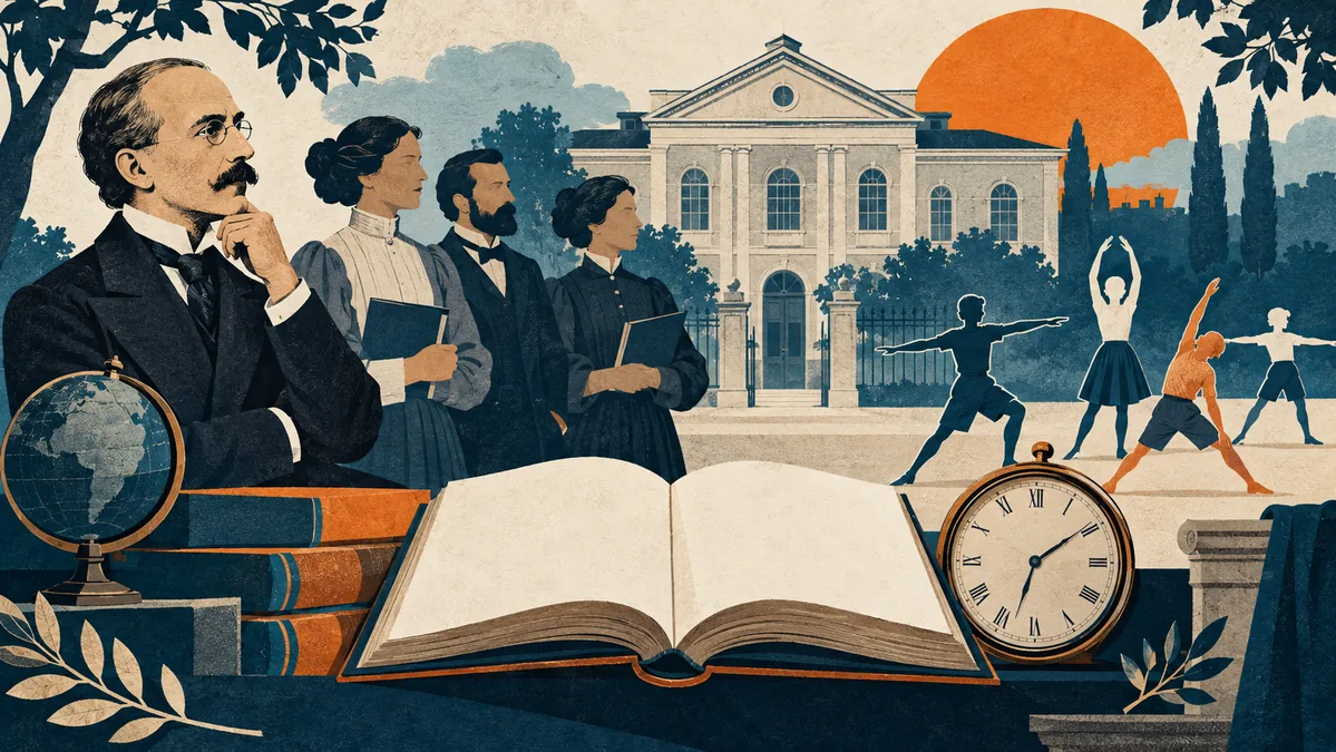 Composición editorial con docentes, libro abierto, reloj y siluetas de movimiento ante una escuela imaginaria.