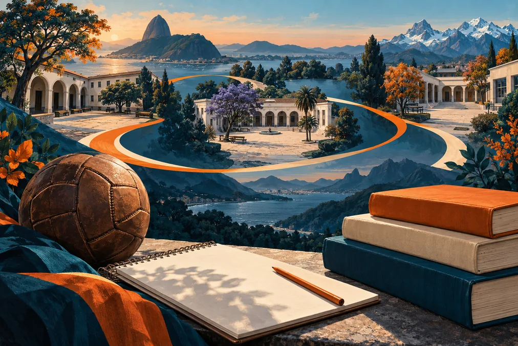 Patios educativos, libro y balón enlazados por caminos abstractos entre paisajes sudamericanos.