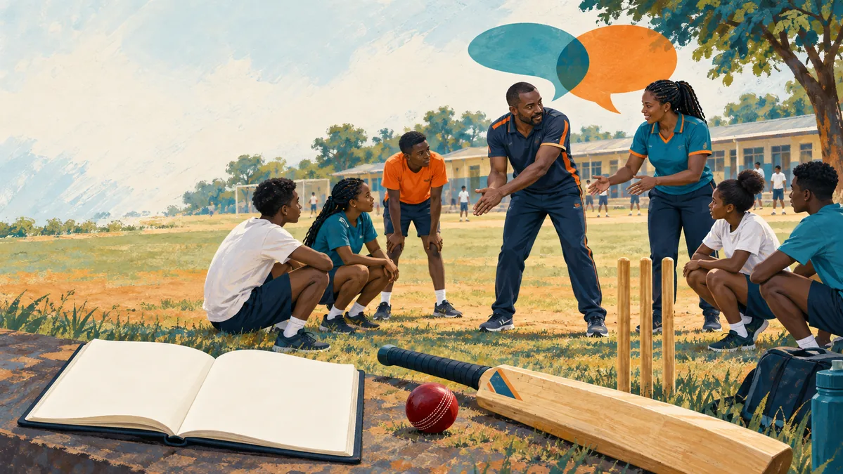 Ilustración de docentes y adolescentes dialogando sobre cricket, con un bate, una pelota y un cuaderno en primer plano.