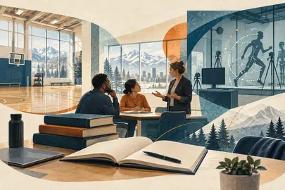 Ilustración conceptual que conecta un gimnasio, una conversación universitaria y un laboratorio de estudio del movimiento.