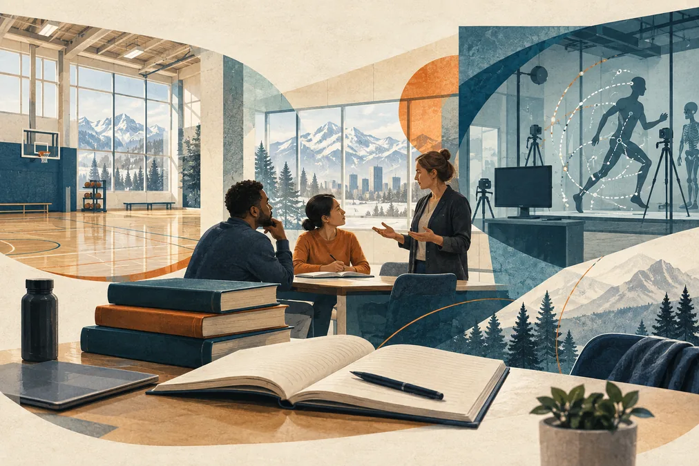 Ilustración conceptual que conecta un gimnasio, una conversación universitaria y un laboratorio de estudio del movimiento.
