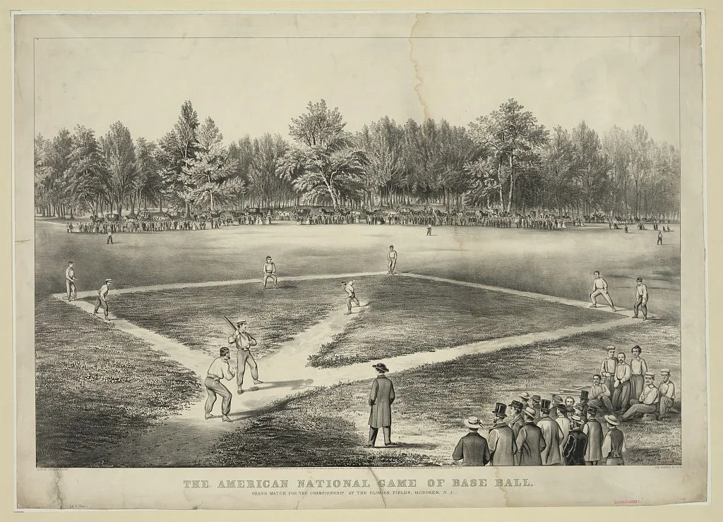 Litografía de 1866 con jugadores y espectadores de un partido de béisbol en Hoboken