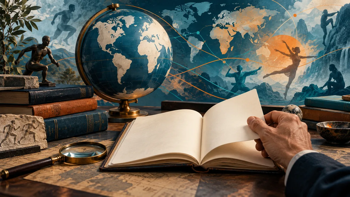 Libros, cuaderno y globo en una composición sobre investigación histórica
