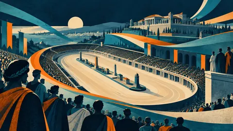 Hipódromo ovalado y arquitectura abstracta unidos mediante bandas que representan organización y público.