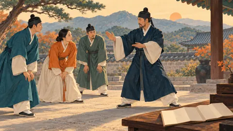 Ilustración conceptual de personas adultas que observan una demostración corporal en un patio de inspiración coreana.