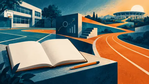 Patio escolar, carriles y cuaderno conectados con un estadio en una composición conceptual.