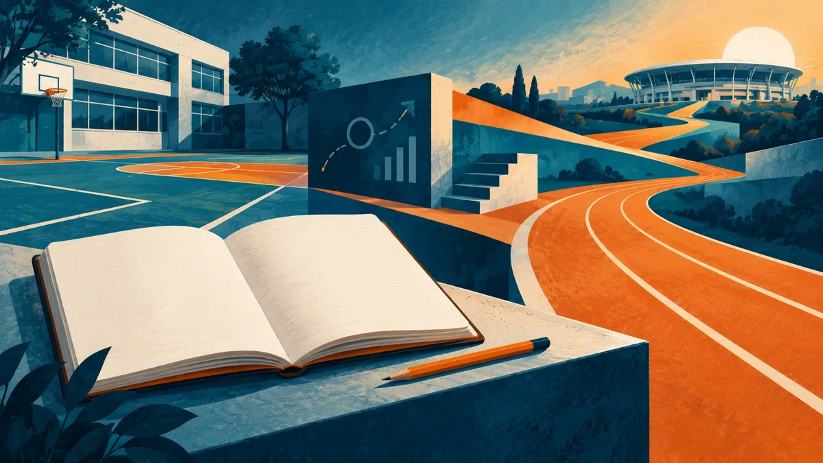 Patio escolar, carriles y cuaderno conectados con un estadio en una composición conceptual.
