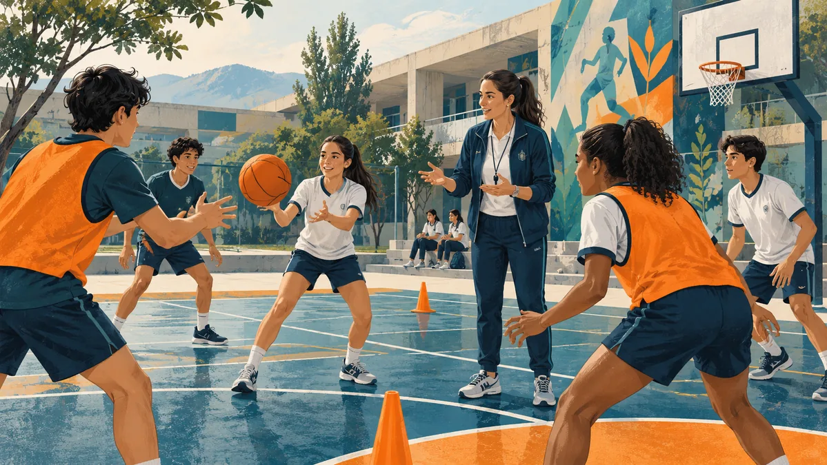 Ilustración de una clase cooperativa en una cancha escolar