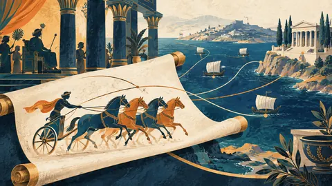 Ilustración conceptual de un carro con cuatro caballos sobre un pergamino y conexiones entre corte y santuario mediterráneo.