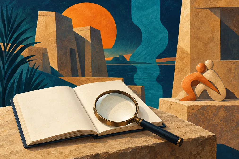 Libro y lupa ante formas abstractas de piedra y un río.