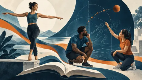 Personas que exploran el movimiento junto a libros y trayectorias conceptuales