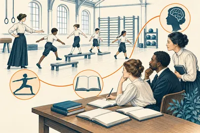 Ilustración conceptual de una docente, un grupo en movimiento y estudiantes de formación que observan y toman notas.