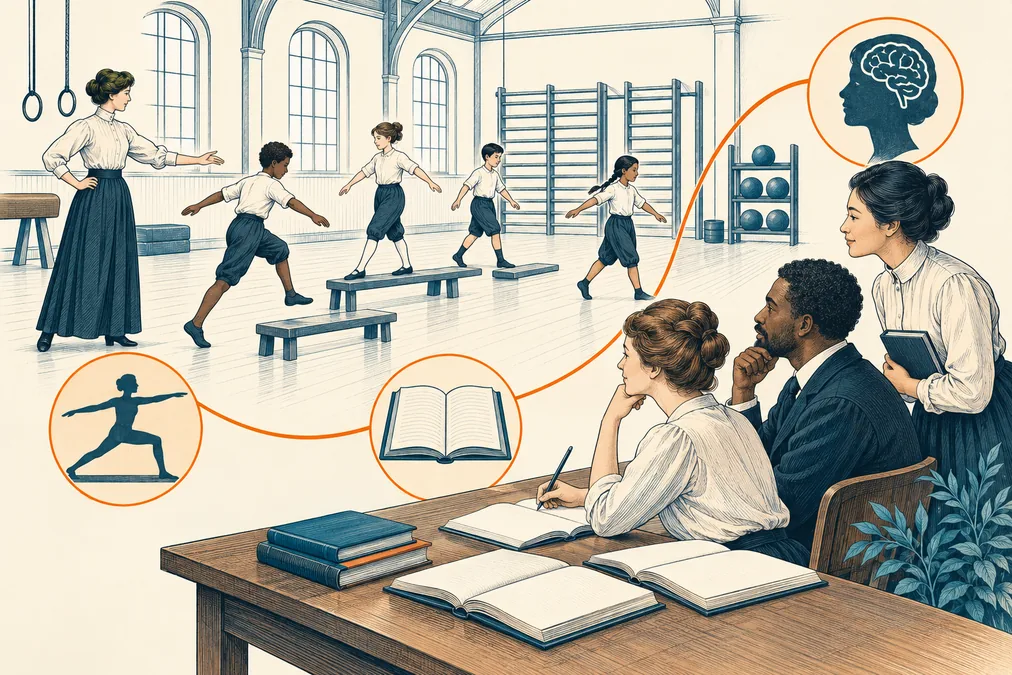 Ilustración conceptual de una docente, un grupo en movimiento y estudiantes de formación que observan y toman notas.