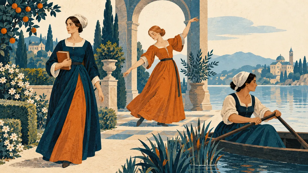 Ilustración conceptual de tres mujeres adultas: una camina, otra baila y otra rema en un paisaje europeo imaginario.