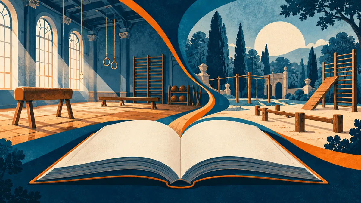 Recintos de ejercicio y aparatos de madera conectados con un libro de enseñanza.