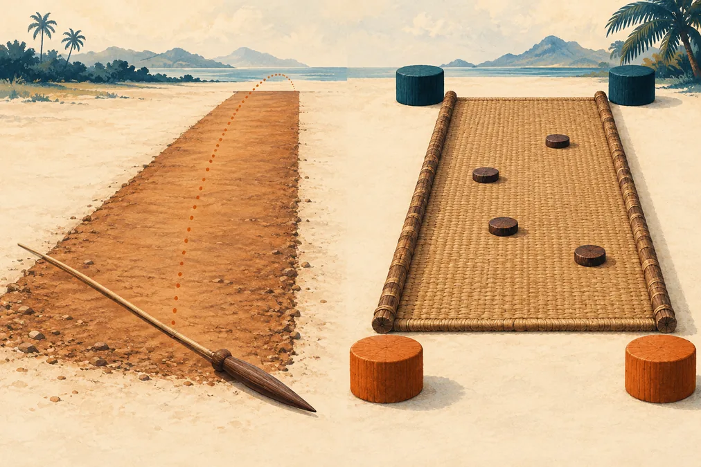 Composición conceptual de un terreno alisado para lanzar y una estera con fichas circulares.
