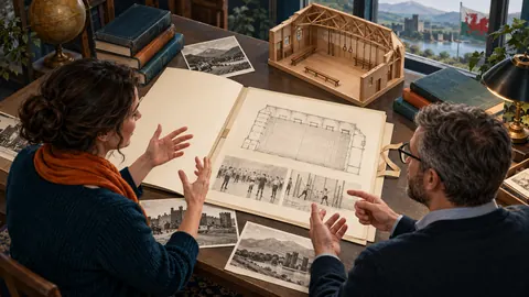 Ilustración conceptual de una mesa de investigación con una maqueta de gimnasio y dos personas conversando mediante gestos.