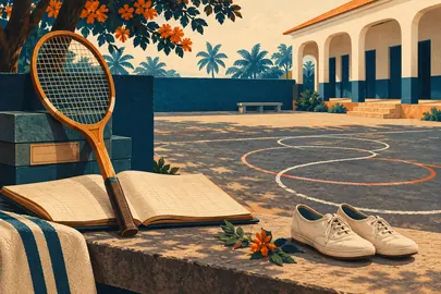 Raqueta de tenis, libro abierto y zapatos junto a un patio con círculos de tiza, en una ilustración conceptual sobre juegos, escuela y archivos.