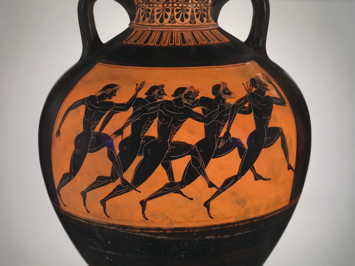 Corredores representados en la decoración de un ánfora panatenaica de figuras negras.
