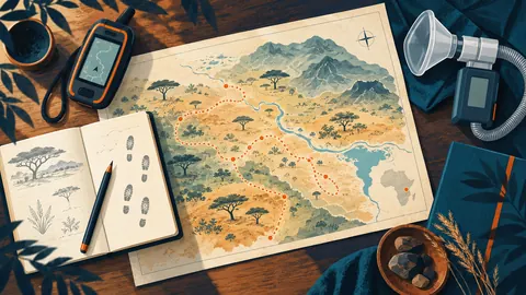 Ilustración conceptual de rutas a pie, un cuaderno e instrumentos de medición sobre una mesa.