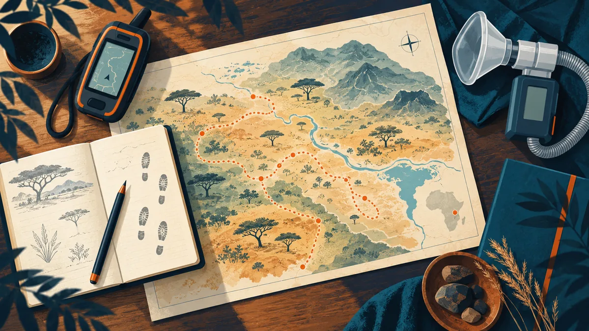 Ilustración conceptual de rutas a pie, un cuaderno e instrumentos de medición sobre una mesa.
