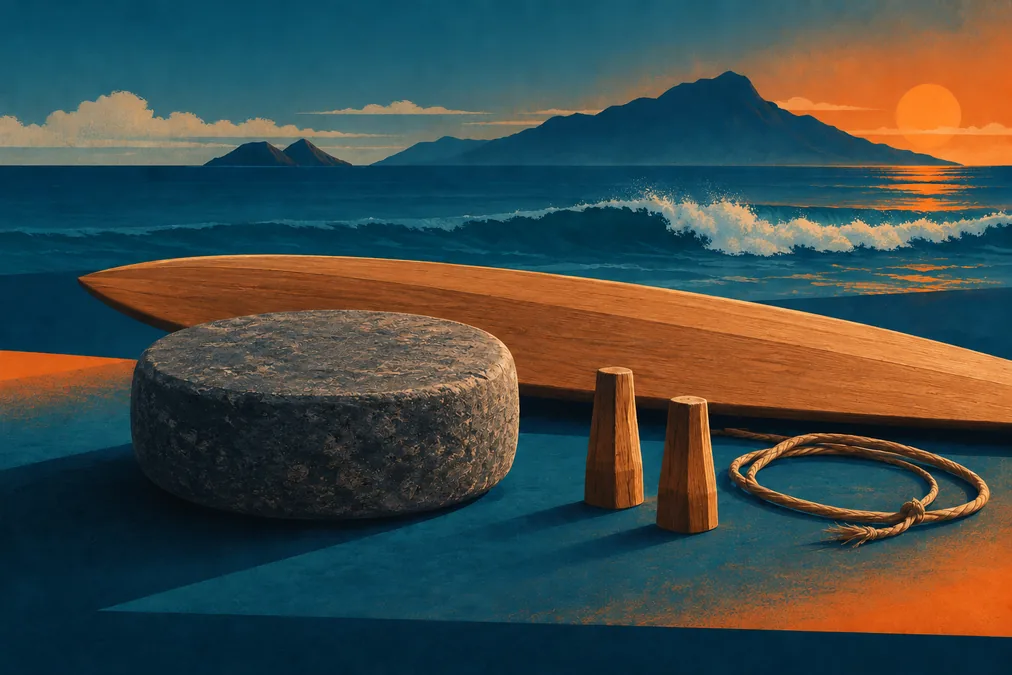 Ilustración conceptual de una piedra sólida, dos marcadores, una tabla y una cuerda ante un paisaje oceánico abstracto.