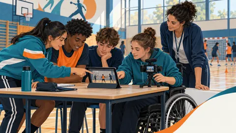 Jóvenes que revisan juntos un video de su experiencia deportiva en una mesa accesible