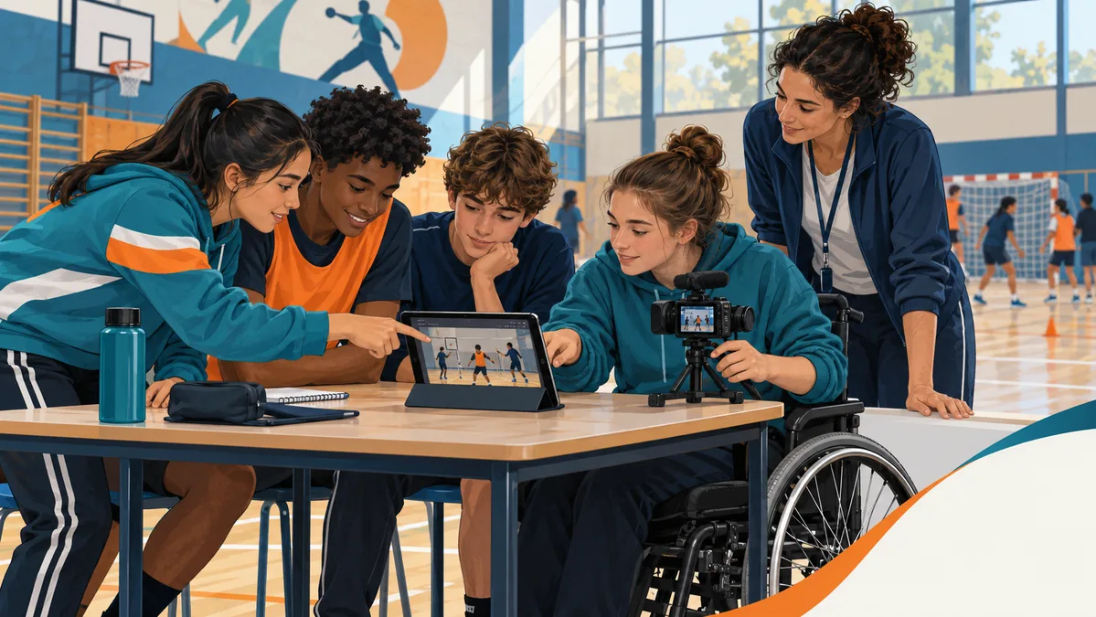 Jóvenes que revisan juntos un video de su experiencia deportiva en una mesa accesible