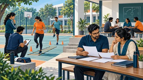 Ilustración de un campus conceptual con cancha, espacios de entrenamiento y personas adultas estudiando la preparación educativa.