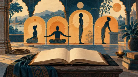 Ilustración conceptual de cuatro figuras en distintas posiciones, un libro abierto y una cuerda en un espacio arquitectónico inspirado en India.
