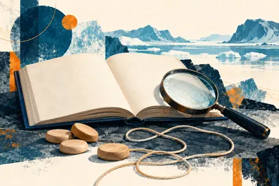 Libro abierto, lupa, cuerda y fichas genéricas ante un paisaje ártico abstracto.
