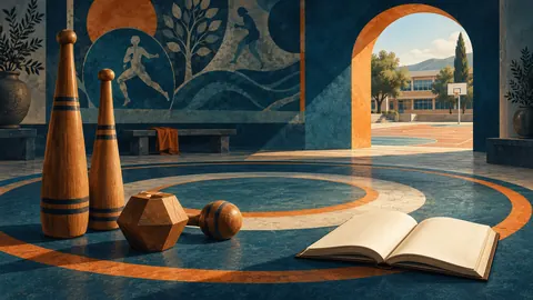 Espacio circular de ejercicio, objetos de madera y libro unidos visualmente con un patio escolar.