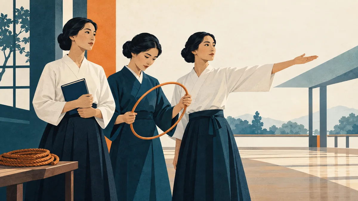 Ilustración conceptual de tres docentes adultas japonesas con un libro, un aro y una cuerda en un espacio de formación imaginado.