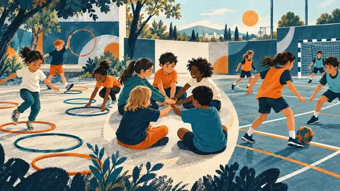 Ilustración de exploración lúdica, juego colectivo y deporte