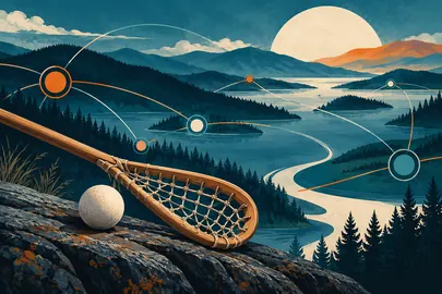 Palo y pelota ante un paisaje conectado mediante líneas abstractas.