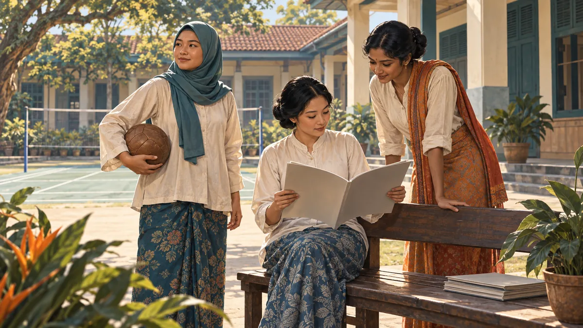 Ilustración conceptual de tres mujeres adultas con una pelota y una publicación en blanco en un patio de inspiración malaya.